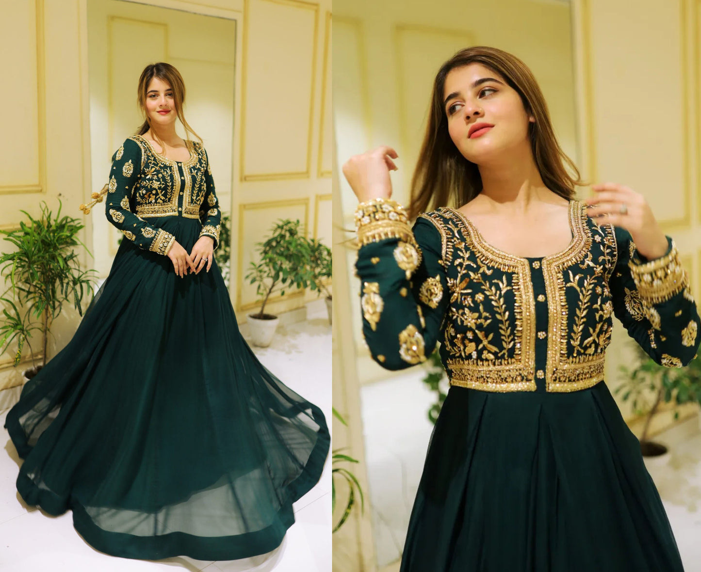 Front sequence embroidered neckline and sleeves elegant maxi
